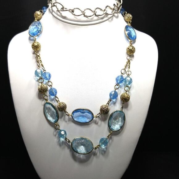 Vintage Blue Lucite Bead Necklace Gold Silver Tone Two Strand Layered 32 Inch - Picture 2 of 6